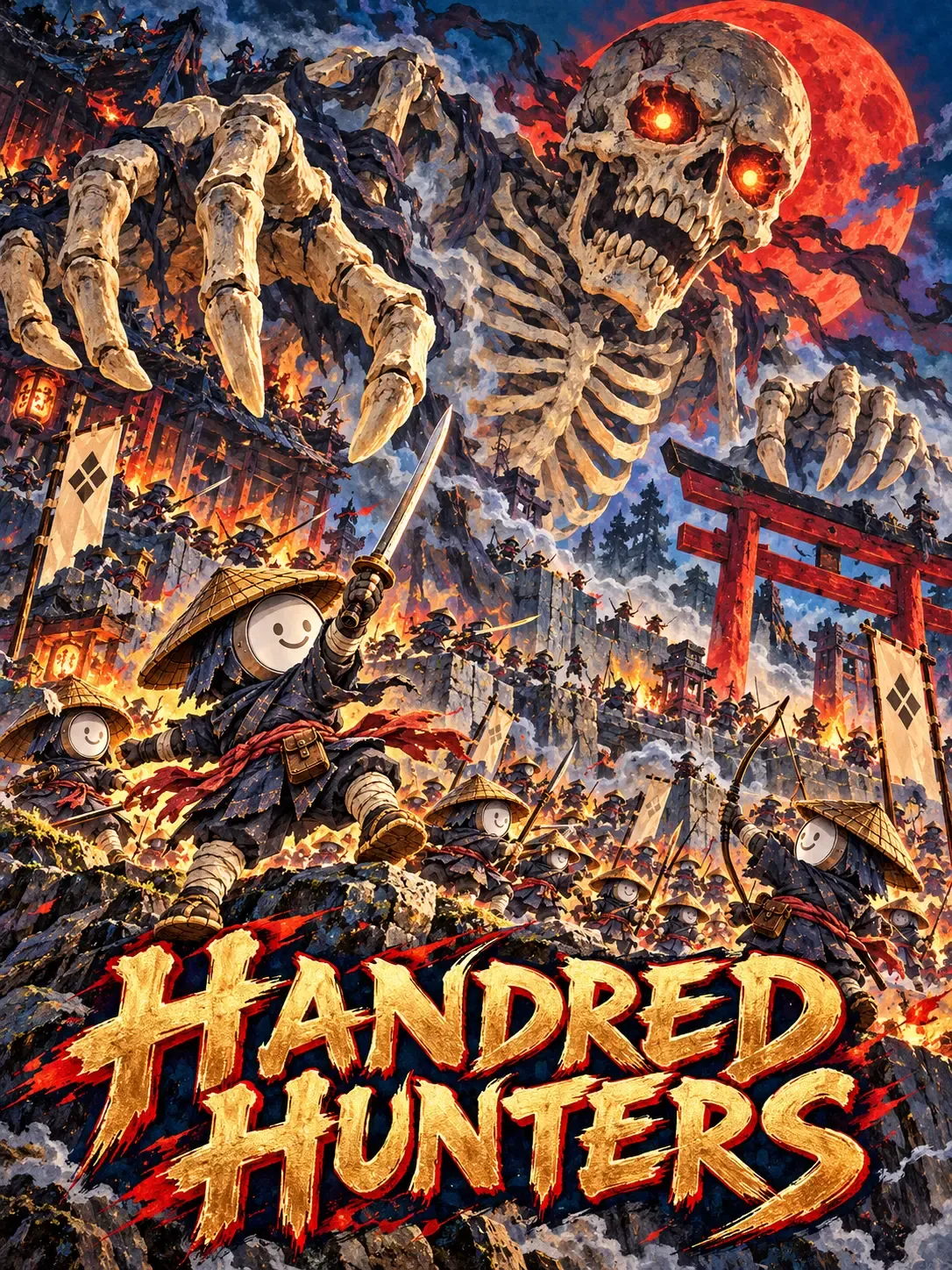 HUNDRED HUNTERS key art: a giant skeleton yokai looms over a burning castle while straw-hatted foot soldiers charge.